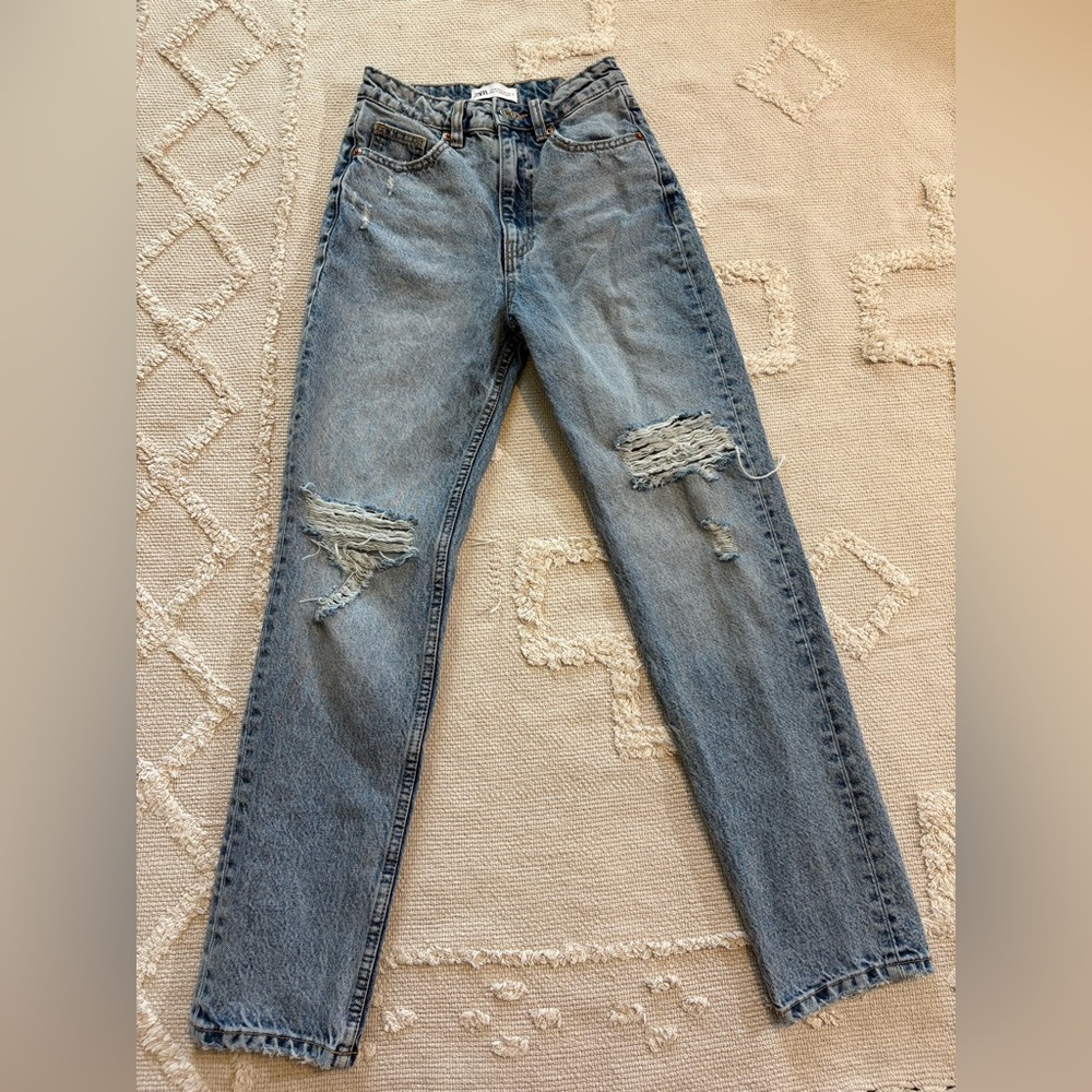 Zara Blue Ripped Straight Leg Jeans
